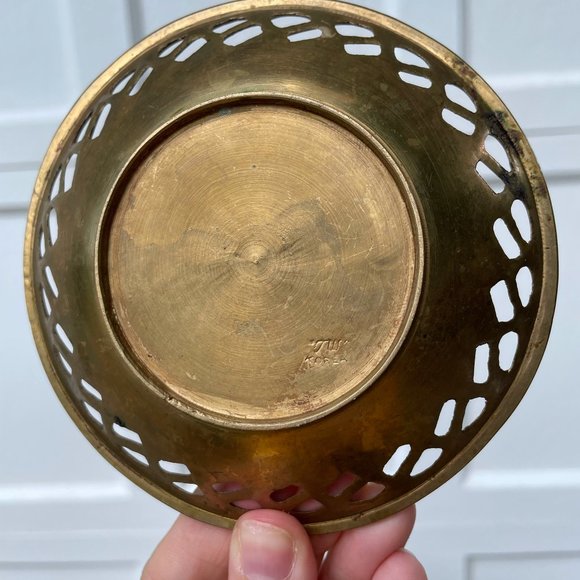 Vintage Solid Brass Pierced Bowl – Raised Floral Rose Motif – Ornate Decorative - Picture 11 of 13